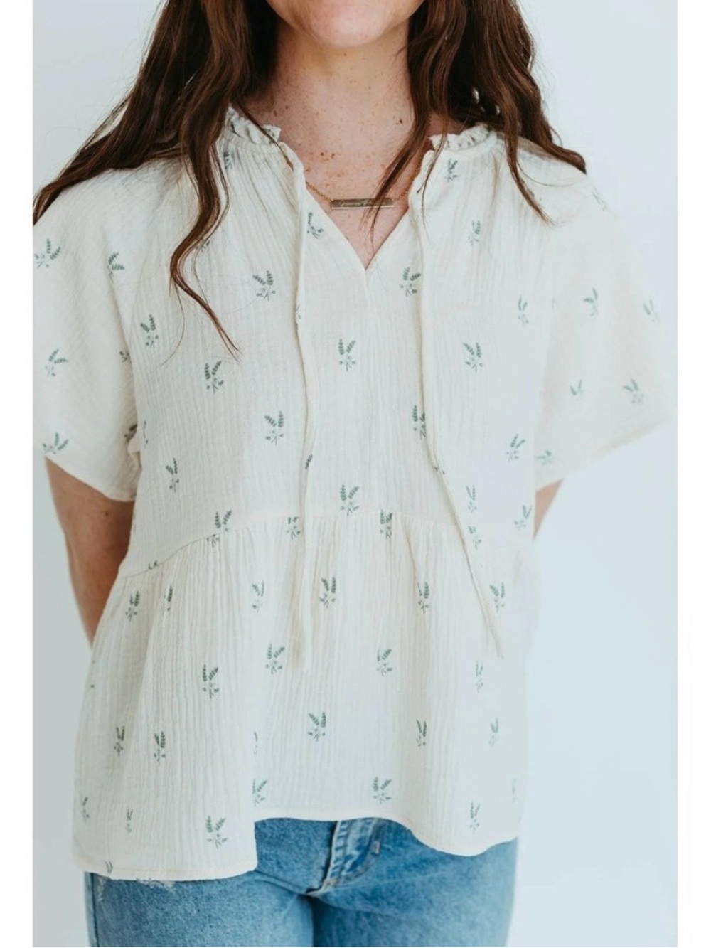 Grade & Gather Small Cream Blouse with Green Sprig Motif